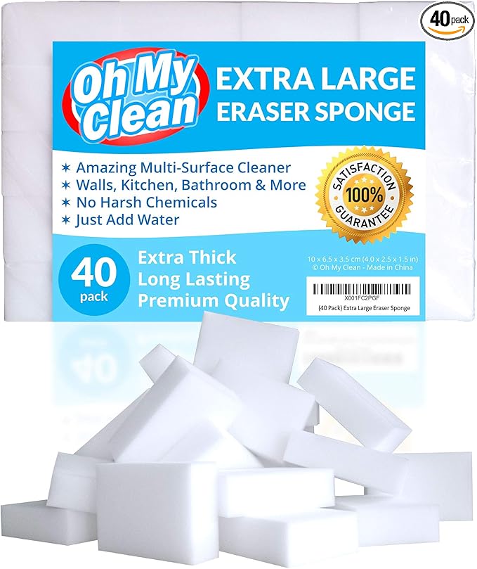 (40 Pack) Extra Large Eraser Sponge – Extra Thick, Long Lasting Magic Melamine Cleaning Sponges in Bulk – White Foam Pads for Walls, Kitchen, Bathroom, Floor & Baseboard Cleaner