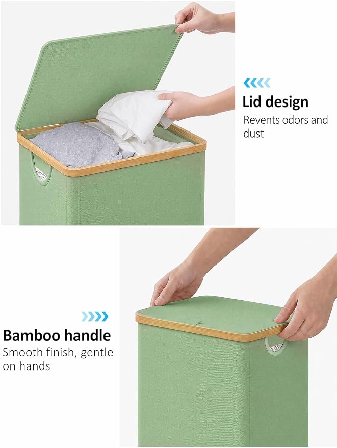 iEGrow Laundry Basket with Lid, 110L Large Laundry Hamper with Banboo Handle, Dirty Clothes Hamper with Removable Inner Bag for Laundry Room Organization- Green