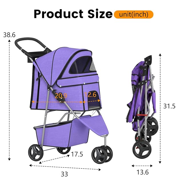 BestPet 3 Wheels Pet Stroller Dog Cat Cage Jogger Stroller for Medium Small Dogs Cats Folding Travel Carrier with Cup Holder, Waterproof Design & Removable Liner, Purple