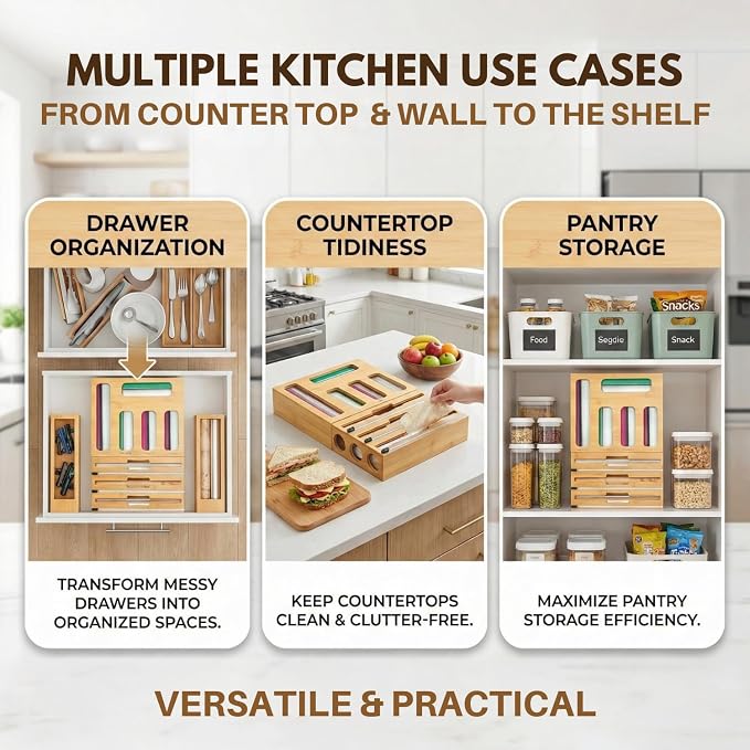 9 in 1 Bamboo Kitchen Drawer Organizer for Storage Bags, Foil & Plastic Wrap Holder with Built-In Cutter, Fits Gallon, Quart, Sandwich, and Snack