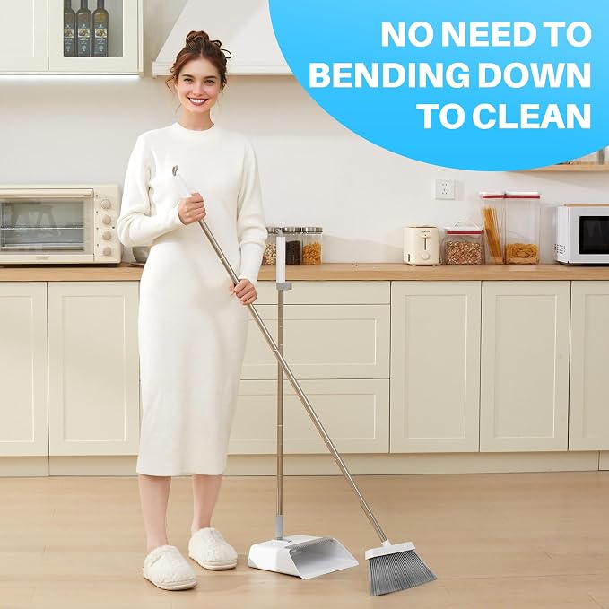 JOYMOOP White Broom and Dustpan Set, Upright Angle Design with Built-in Comb Teeth for Kitchen, Office, Pet Hair, Hard Floors