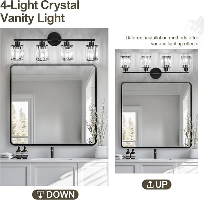 Crystal Bathroom Light Fixtures, Bathroom Lighting Fixtures Over Mirror, Modern Black 4-Light Vanity Lights for Mirror, Restroom, Bedroom (Ceramic E26 Socket,Bulbs Not Include)