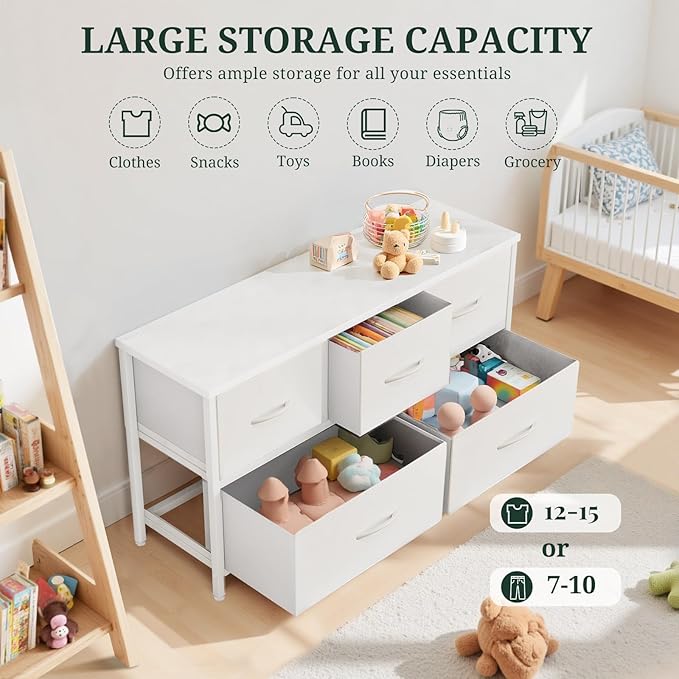5-Drawer Dresser for Bedroom, Anti-Tip Wide Storage Organizer Fabric Chest of Drawers TV Stand for 45" TV with Wooden Top and Metal Frame for Closet, Living Room, Hallway, Entryway, White