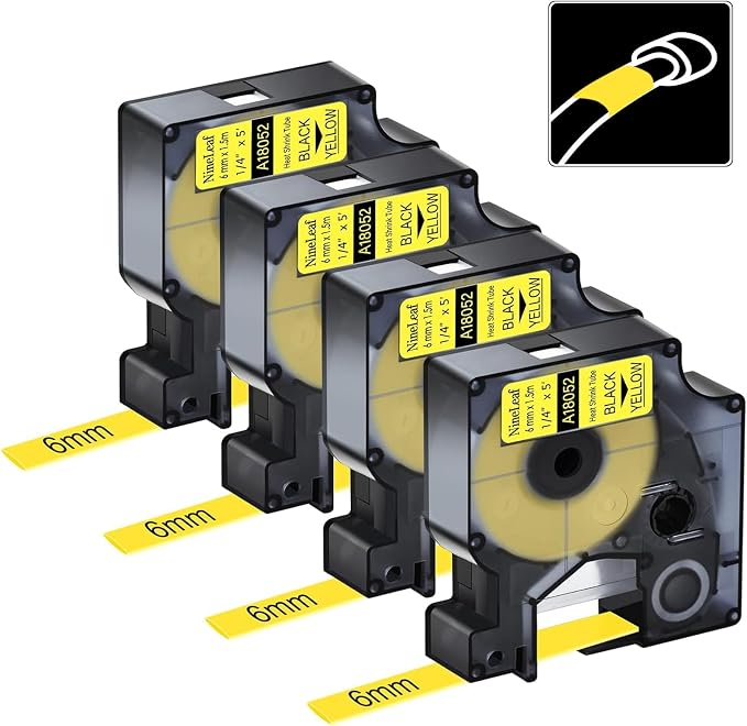 4PK 6mm Replace with DYMO Heat Shrink Tube 18052 Rhino 5200 Yellow Label | Nineleaf Compatible for DYMO Label Maker Refills A18052 Black on Yellow 1/4" x 5ft Wires Tubing for Rhino 4200 5000 3M PL300