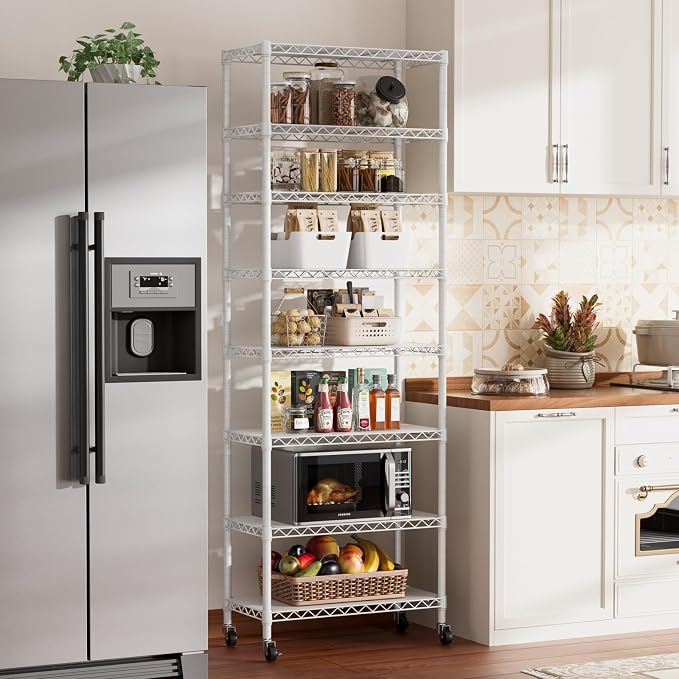SINGAYE 8 Shelves Storage Wire Shelf Closet Metal Shelving Pantry Wheels | Shelf Bathroom Organizers Metal Kitchen Garage Shelving Unit Laundry Room Organization Home Rack Net Basket with Wheels
