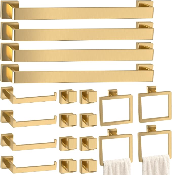 Bathroom Accessory Towel Bar Set: 20 Pieces Gold Square Bathroom Hardware SUS304 Stainless Steel - 24 Inch Wall Mounted Towel Rack&Toilet Paper Holder&Towel Ring and Towel Hook