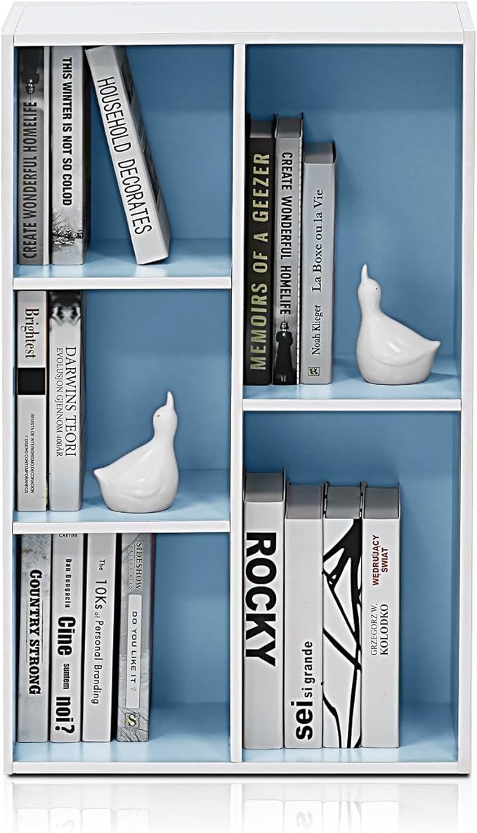 Furinno LUDER Book Shelf, 5-Cube Bookshelf, Reversible Bookcase, 9.4 x 19.5 x 31.5, Easy Assembly, for Living Room, Bedroom, Home Office, White/Light Blue