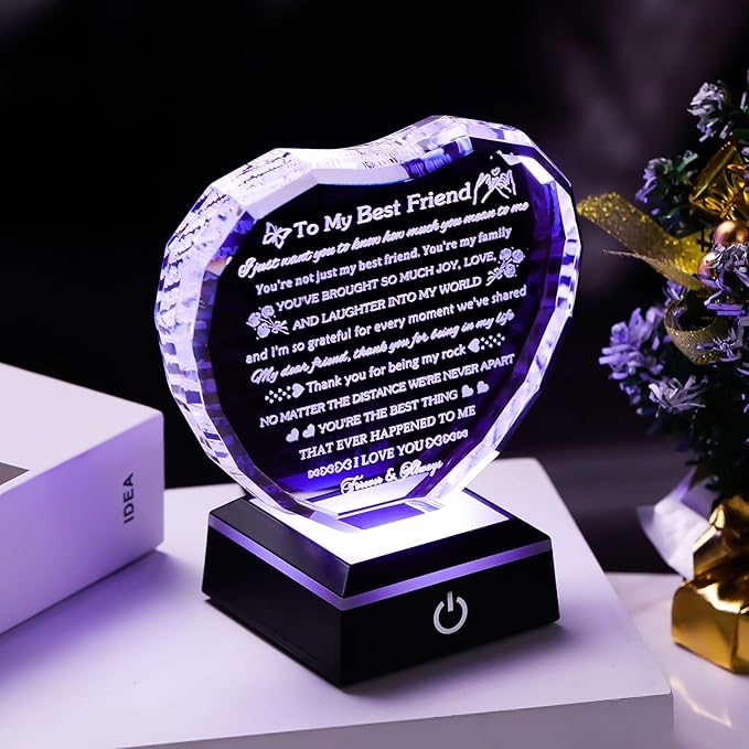 Arikyrist Best Friend Birthday Gifts with LED Base Crystal Heart Friendship BFF Gifts for Women Best Friend Bestie Gift Ideas for Women Gift for Female Friends on Christmas Wedding Valentine's Day