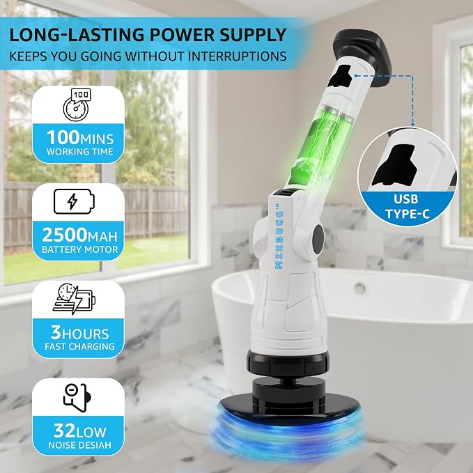 Electric Spin Scrubber, 3-Speed Adjustable Head Shower Bathroom Scrubber | 8 Replaceable Heads, 54" Extendable Long Handle, IPX6 Waterproof, Shower Cleaner Brush, Cordless for Tub Grout Tile Floor Car