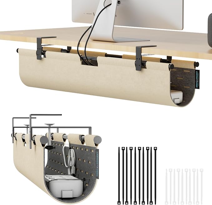 No Drill Under Desk Cable Management Tray, 30" Felt Cord Organizer | Clamp or Screw Mount, Converts to Privacy Panel, Pegboard Design, Wire Management for Standing Desk & Home Office