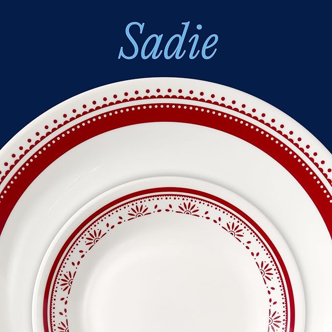 Corelle Everyday 18-PC Dinnerware Set Service for 6, Durable and Eco-Friendly, Higher Rim Glass Plate & Bowl Set, Microwave and Dishwasher Safe, Sadie