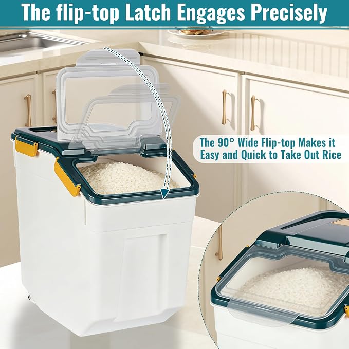 4 Pack Rice Container 25 lbs Large Bulk Flour Sugar Storage Holdhouse Plastic Grain Cereal Dry Goods Bin with Spoon and Measuring Cup for Kitchen Pantry Organization - Blue