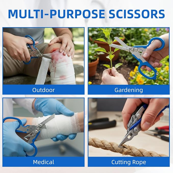 Heavy Duty 6 in 1 Multifunctional Trauma Shears Foldable | Stainless Steel emergency response scissors | Survival Shears with Holster | Medical Trauma shears Tactical With Strap Cutter | Blue