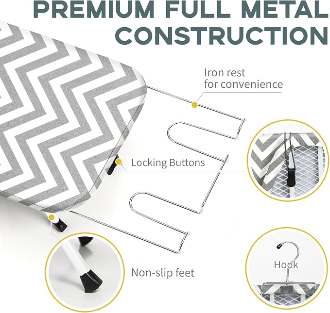 Folding Ironing Board for Small Space, RAINHOL Mini Collapsible Ironing Boards, with Hook, Iron Rest, Heat-Resistant 100% Cotton Cover and Pad, Gray and White Stripes, 31" x 12", Steel Mesh