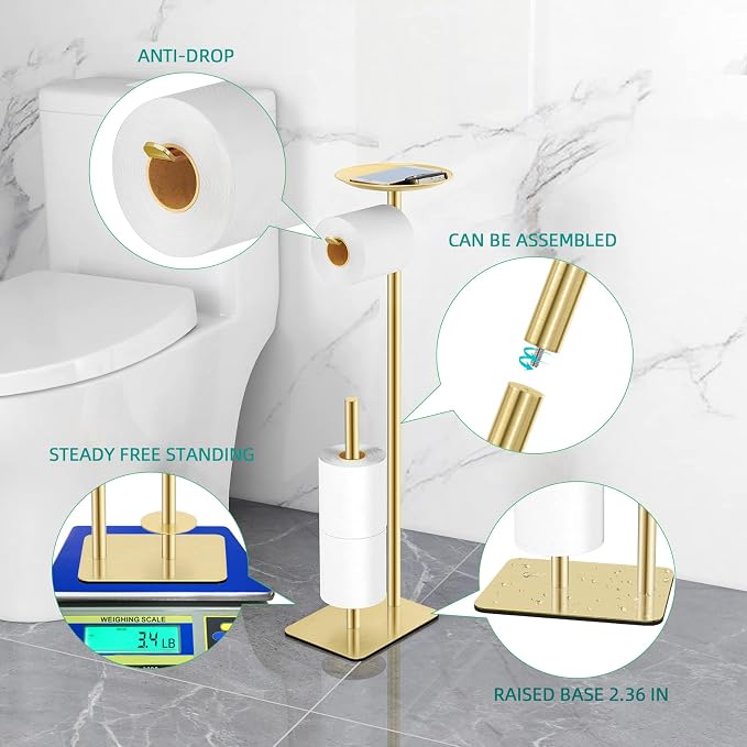 FEILERN Toilet Paper Holder Stand for Bathroom Floor Standing Toilet Roll Dispenser Storages 4 Reserve Rolls, with Top Storage Shelf for Cell Phones, Wipe, Wallet and More(Gold)