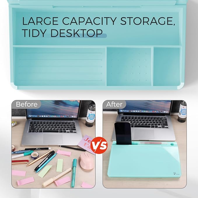 TOWON Small Compact Glass Desktop Whiteboard with Storage – 12 x 7 in Dry Erase Board for Desk, Home Office, School | Includes 5 Markers, Eraser & Holder | Space-Saving Organizer, Aesthetic Teal Blue