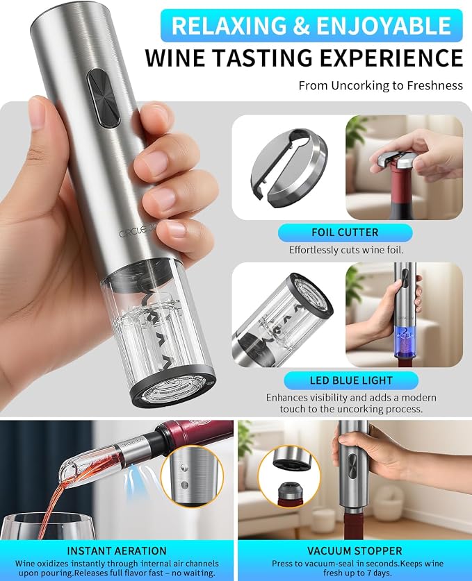 CIRCLE JOY Electric Wine Opener 7-in-1 Stainless Steel Rechargeable Electric Wine Bottle Opener Set with Automatic Vacuum Pump, Foil Cutter, Wine Pourer, 2 Vacuum Stoppers & Charging Station, Silver