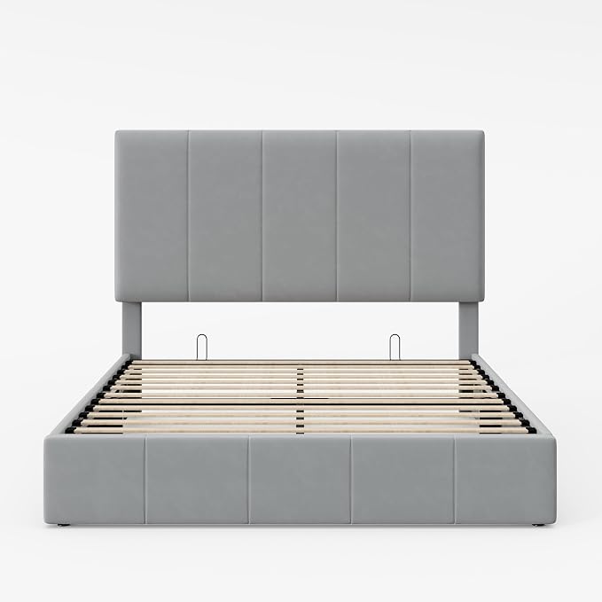 Allewie Queen Size Velvet Lift Up Hydrualic Storage Bed Frame, Grey | Vertical Channel Tufted Headboard, Hydrualic Underneath Storage, Upholstered Platform Bed, No Box Spring Needed