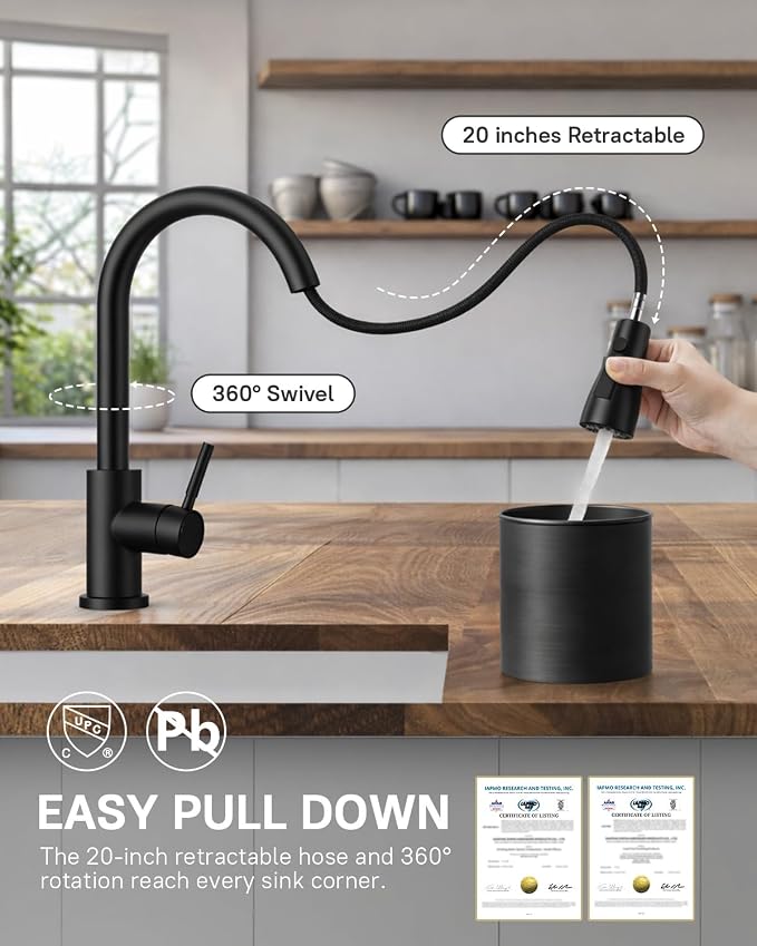 WEWE Pull-Down Kitchen Faucet, 1-Hole for Commercial, Laundry, RV Sinks | 20" Pull-Out Hose Gives Flexible Coverage, 3 Spray Modes, Lead-Free SUS304 Stainless, Tool-Free Twist-Lock