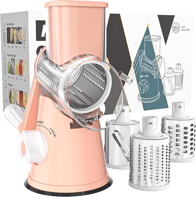 Cambom Rotary Cheese Grater Hand Crank Cheese Shredder for Fresh Cheese, Vegetable, Nuts,Non-slip Suction Base，Three Blades,Pink
