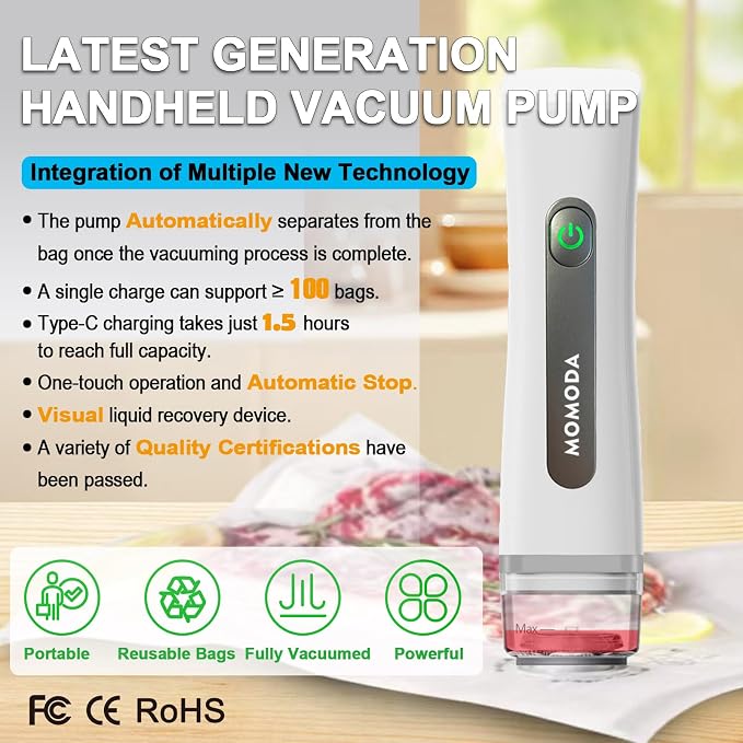 MOMODA Sous Vide Cooking Bags - Set of 30 | BPA-Free Reusable Vacuum Seal Bags with Air Valve for Joule and Anova Cookers | Freezer Safe Vacuum Food Storage Bags with Upgraded Compact Vacuum Sealer