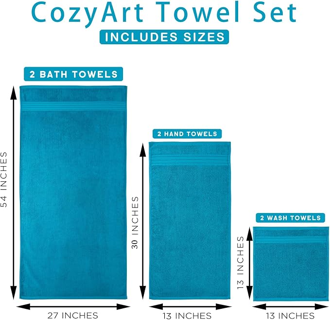 COZYART Luxury Bath Towel Set 3 PCS, Teal 100% Turkish Cotton 650 GSM | OEKO-Tex 100 Certified Zero Twist Ring Spun, Soft Absorbent Quick Dry, Plush Fluffy, Breathable Hotel Quality for Daily Use