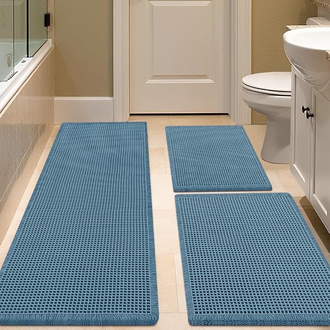 IM HOME Waffle Bath Mat Set 3 Piece Blue,Woven Modern Bath Rug Mats, Absorbent Non Slip Bath Floor Mat, Soft Washable Boho Bath Rugs with Tassels for Bathroom, Bedroom, Kitchen, Tub