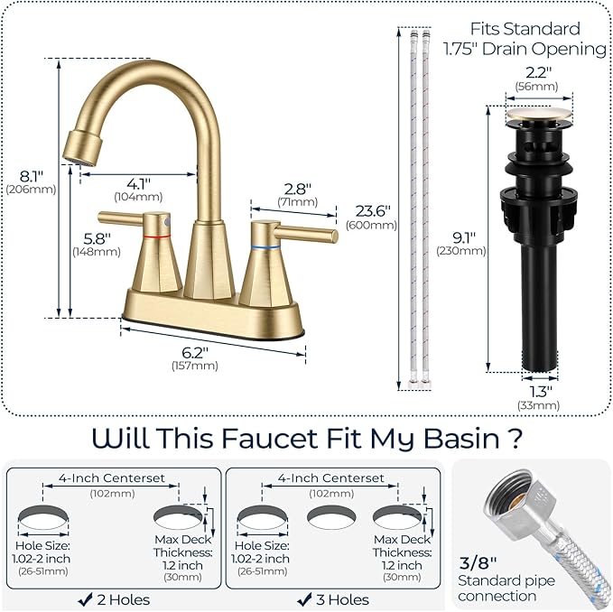Bathroom Faucet 3 Hole Brushed Gold, 4 Inch Bathroom Sink Faucet Centerset with Pop Up Drain, Double Handle Vanity Faucet 3 Hole with 360° Swivel Spout, Rv Bathroom Sink Faucet