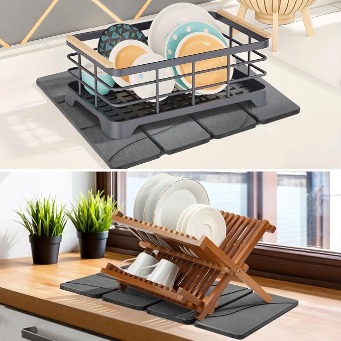 Small Stone Dish Drying Mat for Kitchen Counter, 2 PCS 16"×12" & 8"x4" Quick Dry Stone Mats, Foldable Water Absorbing Diatomite Drying Dish Pad for Countertop Bottles Utensils Cups(Carved Gray)