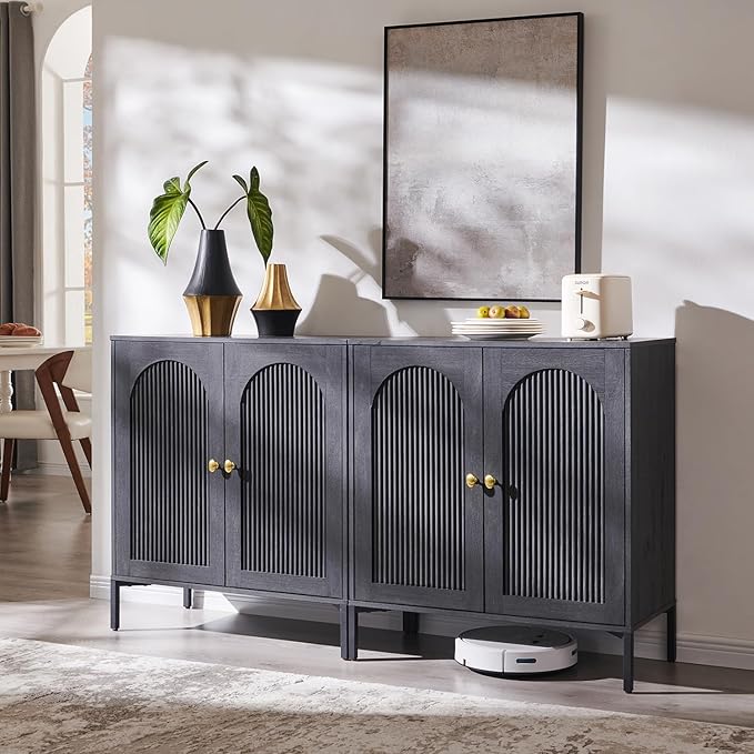 IFGET 61.75" W Modern Arch Sideboard Buffet Cabinet with Storage, Dark Grey | Fluted Arched Sideboard Cabinet w/Adjustable Shelves, Wood Modular Kitchen Cabinet for Dining& Living Room, Entryway