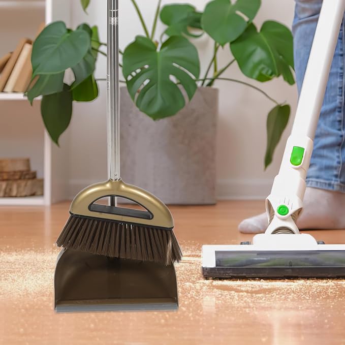 HEMOTON Broom and Dustpan Set with Cleaning Scraper, 3pcs Gold Household Sweeping Kit for Home Floor and Carpet Cleaning