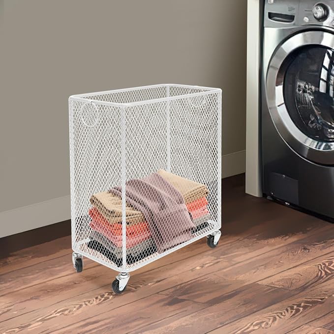 Laundry Basket, Large Rolling Fashion Laundry Basket, Dirty Clothes Hamper Cart with Wheels Metal Dorm Room Essentials for Laundry Room, Balcony, Bathroom, Bedroom, Kitchen (White, Rectangular)