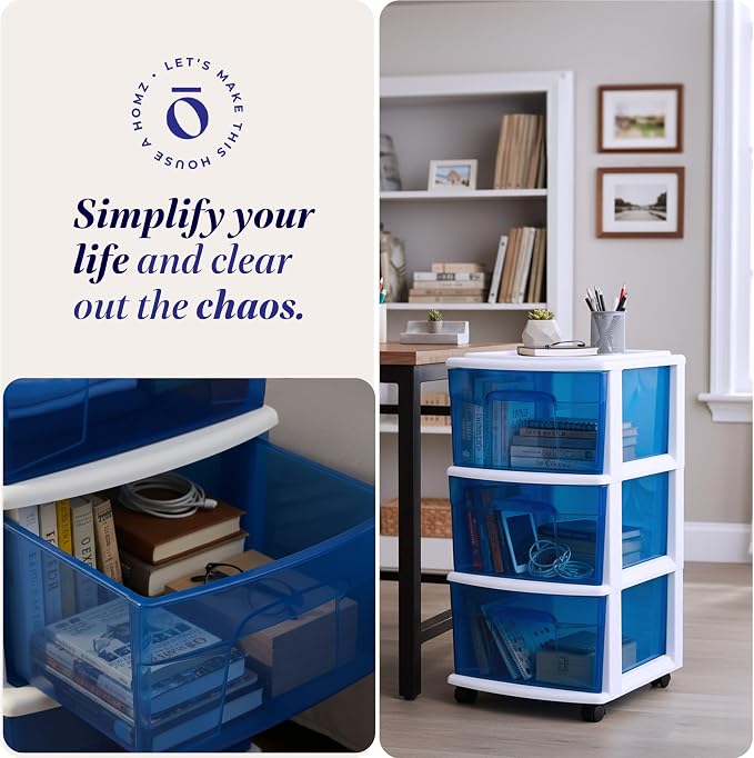 HOMZ Drawer Tower, 3-Tier Clear Blue Plastic Storage Organizer Cart, White Frame - Rolling Drawer Containers with Wheels for Bathroom, Bedroom, Office, and Classroom Organization