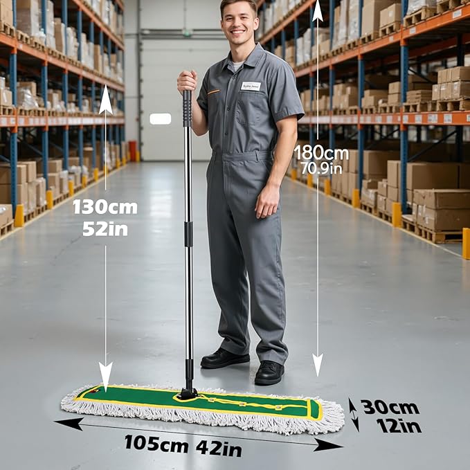 42" Commercial Dust Mop for Floor Cleaning, MASTERTOP Large Flat Mop with Long Handle, Sweeping Broom with 2 Different Mops Pads, Industrial Mop for Hardwood, Tile, Gym, Office, Mall, Warehouse