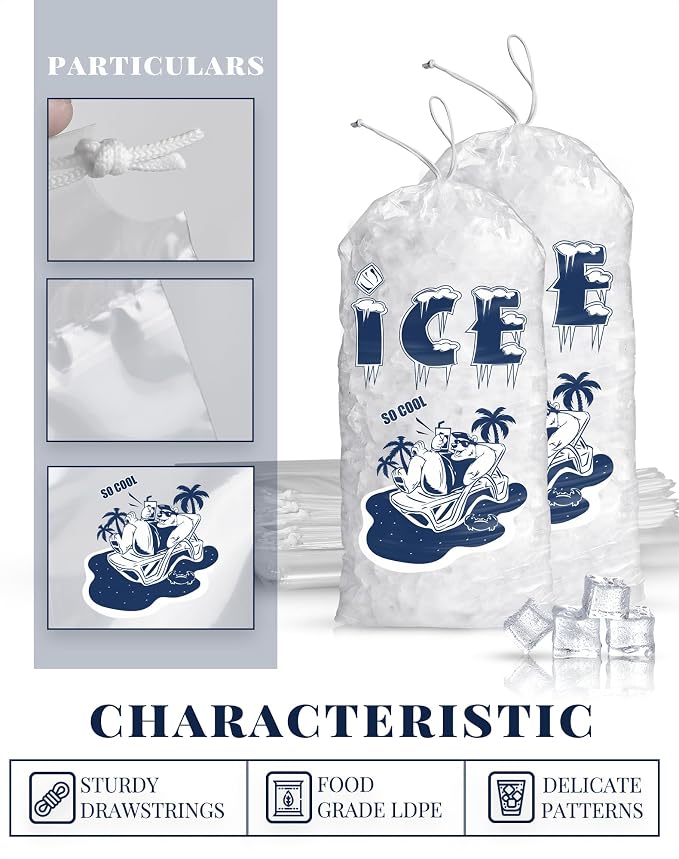 100 Pack Ice Bags 20 lb, Heavy-Duty Ice Bags with Drawstring, Portable Ice Cube Storage and Freezer Keeper(2 Mils Thickness)