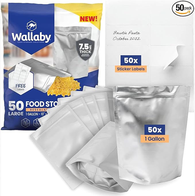 Wallaby 50 Count 1-Gallon Gusset Mylar Bags with Labels, 15 Mil Total Thickness Long-Term Food Storage Pouches, 14x10 Stand-Up Zipper Heat-Sealable Airtight Packaging - Silver
