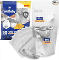 Wallaby 50 Count 1-Gallon Gusset Mylar Bags with Labels, 15 Mil Total Thickness Long-Term Food Storage Pouches, 14x10 Stand-Up Zipper Heat-Sealable Airtight Packaging - Silver