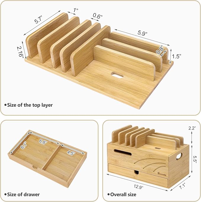 Homde Natural Bamboo Charging Station Rack for Multiple Devices Cable Cord Management Box Organizer Holder with 6 Slots Drawer for Chargers Phones Tablets Watches Electronics (Natural)