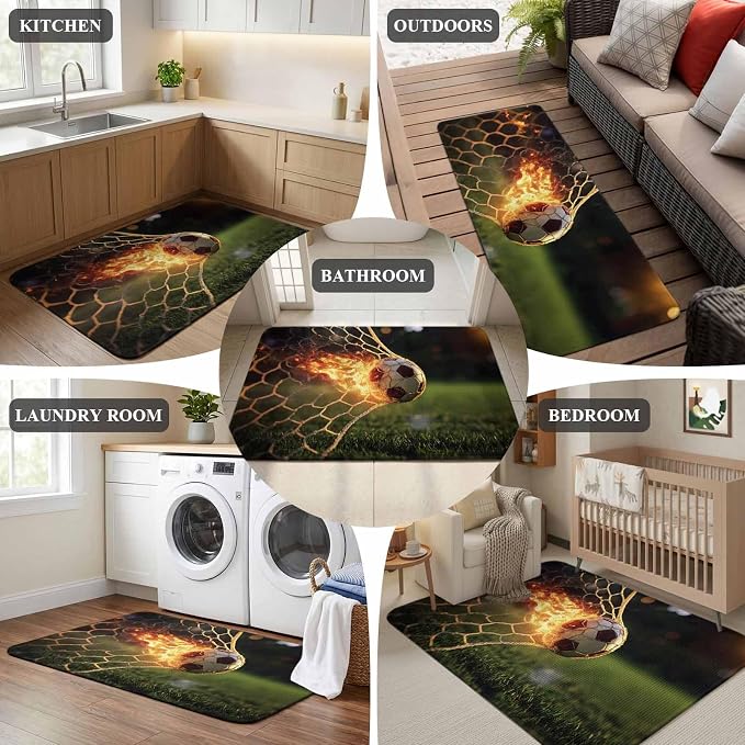 Flaming Soccer Bathroom Rugs Non Slip Washable Bath Mat Absorbent Front Door Mat Goal Net Powerful Fire Orange Grass Green Indoor Doormat for Kitchen Entryway Shower Decor Accessories 19.7"x31.5"