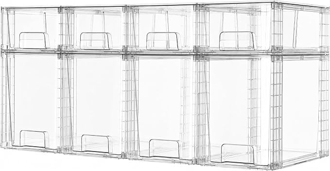 Vtopmart 8 Pack Clear Stackable Storage Drawers, Pull-Out Organizers, 4 Tall and 4 Small for Under Sink, Pantry, Bathroom, Closet and Kitchen Cabinets