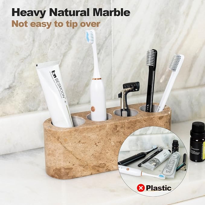 Toothbrush Holder for Bathrooms, 4-Slots Marble Toothbrush and Toothpaste Holder Stand Bathroom Organizer Countertop for Electric Toothbrush, Floss, Razor, Comb (Brown)