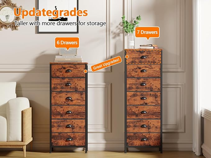 Furnulem Dresser for Bedroom, 7 Drawers Tall Chest of Drawers | Rustic Brown Storage Organizer, Fabric Bins, Metal Frame, Wood Desktop, Dorm Vertical Closet,Bedside Furniture in Living Room