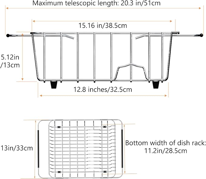 NiuYichee Stainless Steel Dish Drying Rack(15" L X 12.6" W X 4.7" H), Expandable Fruit & Vegetable Drain Rack Over Sink, Dish Drainer Rack in Sink, with Utensil Holder & Silicone Mat(16")