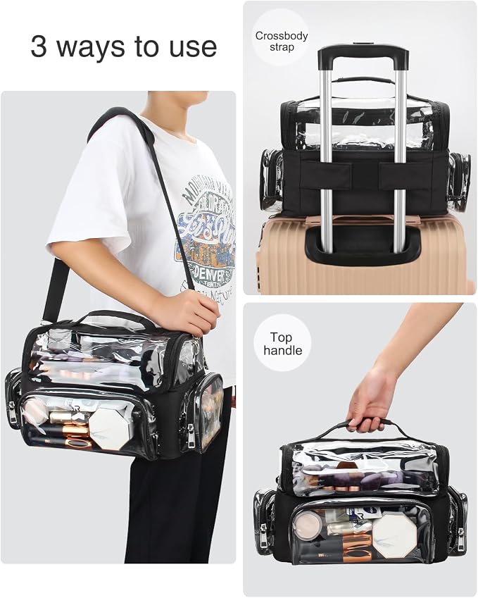 TANTO Makeup Brush Case, Clear Extra Large Cosmetic Organizer Holder Professional Makeup Artist Train Case with Adjustable Dividers&Strap Portable Makeup Brush Holder (02A-Black（XX Large）)