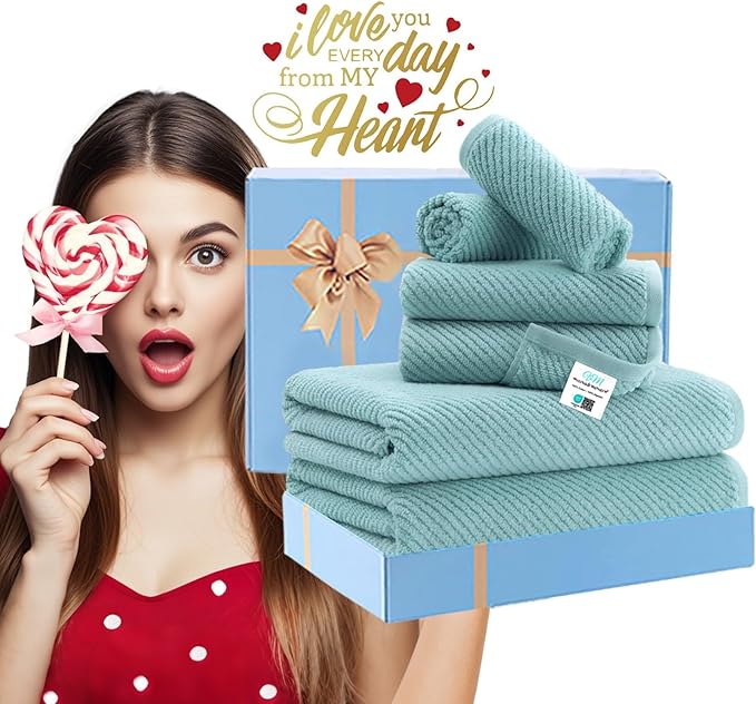 VOOVA & MOVAS 6PC Towel Set, 100% Cotton, Aqua Teal | 2 Bath 30x56 In, 2 Hand 18x28 In, 2 Washcloths 13x13 In, Thick, Soft, Quick Dry, Luxury Shower Towel Set