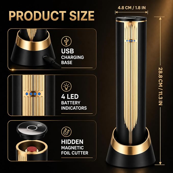 BLUBYEES Electric Wine Opener with Charging Base and Built-In Foil Cutter, Rechargeable Touch-Activated Automatic Corkscrew, Premium Wine Gifts for Men Women, Dad, Husband