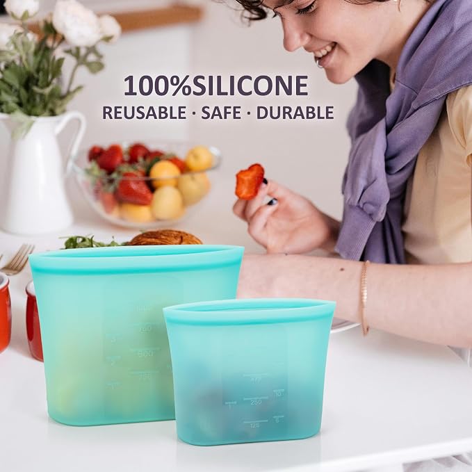 12-Pack Reusable Silicone Food Storage Bags, 100% Silicone Stand-Up Wide-Open Zip-Lock Reusable Storage Bags for Food, Freezer Microwave Oven Dishwasher Safe, Aqua, 4M 4S 4XS