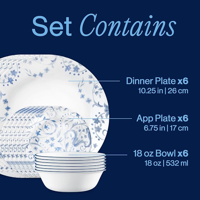 Corelle Vitrelle 18-Piece Service for 6 Dinnerware Set, Triple Layer Glass and Chip Resistant, Lightweight Round Plates and Bowls Set, Darlington