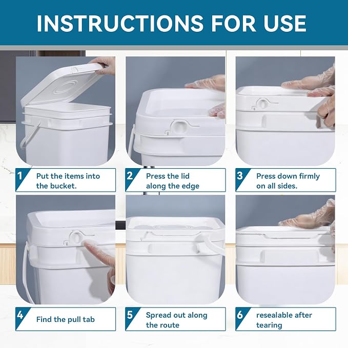 Bucket with Lid - 4 Packs Square Plastic Storage Containers, Food Safe with Handle, Airtight Pressure Lids for Kitchen & Home (White, 0.8 gal)