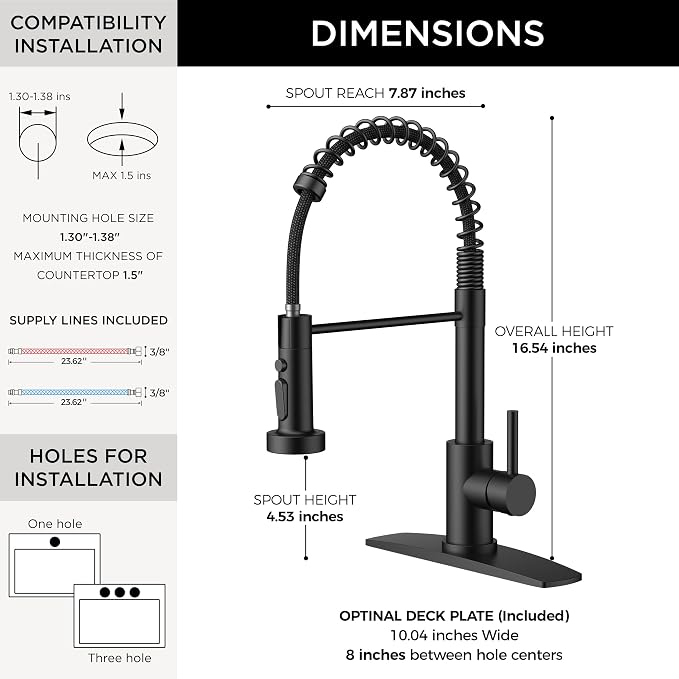 FORIOUS Black Kitchen Faucet, Stainless Steel Single Handle | Classic Commercial Kitchen Sink Faucet with Sprayer, Suitable for Outdoor Laundry Rv Bar, with Deck Plate for 1 or 3 holes